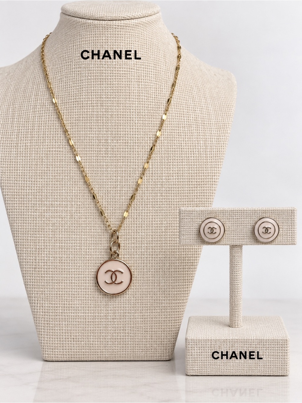 Authentic Chanel Pale Pink CC Button Necklace and Stud Earring Set-Upcycled